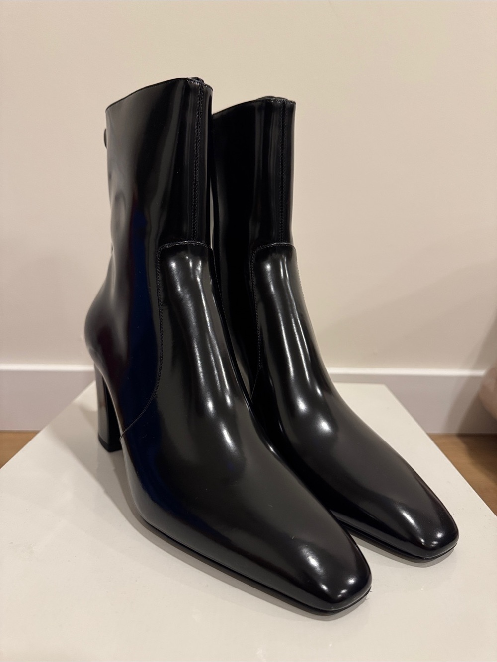 Saint Laurent Black Patent Mid-Calf Block Heel Boots